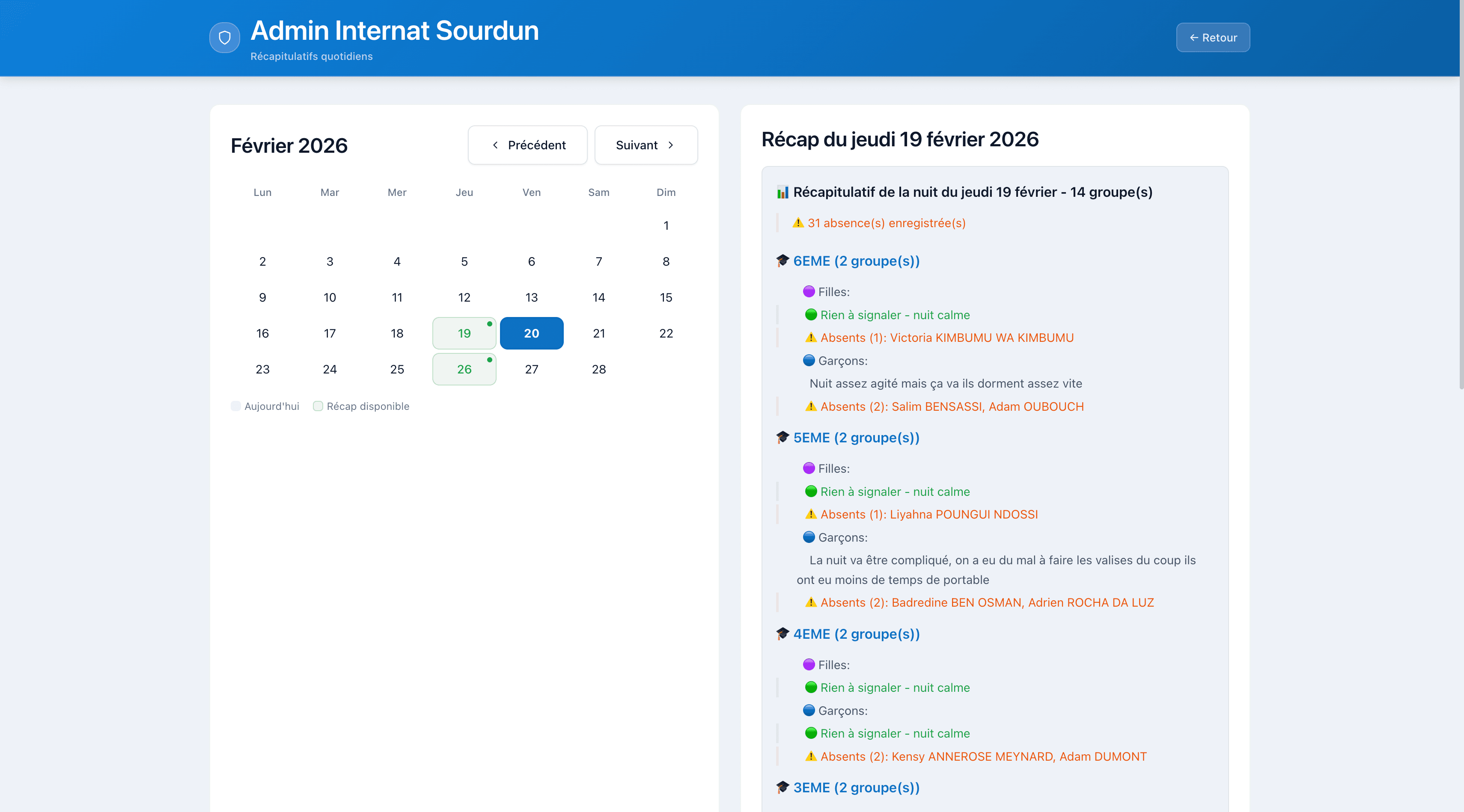Récapitulatifs — vue calendrier avec historique