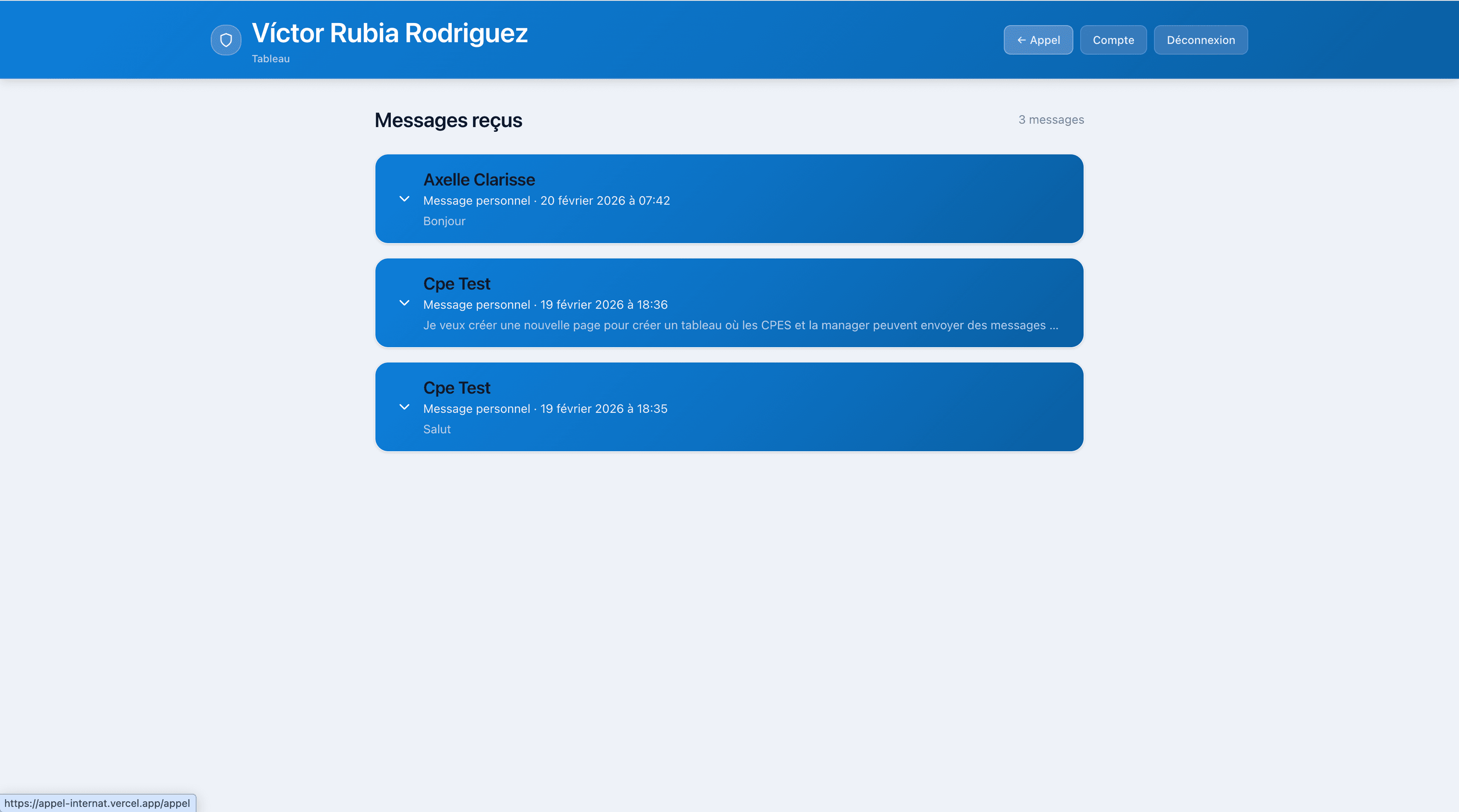 Tableau de bord AED — messages et calendrier événements